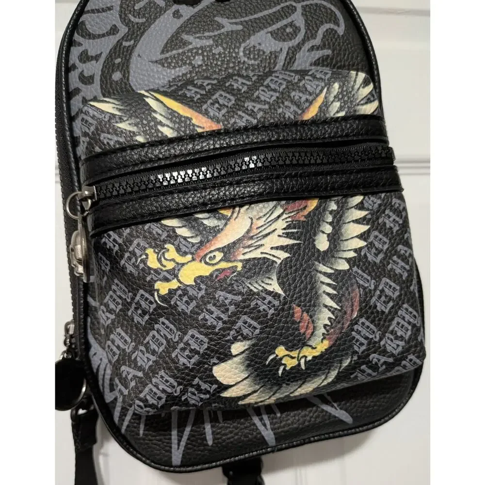 NWT Ed Hardy Eagle Tattoo Monogram Sling Bag Crossbody Backpack Black Y2K